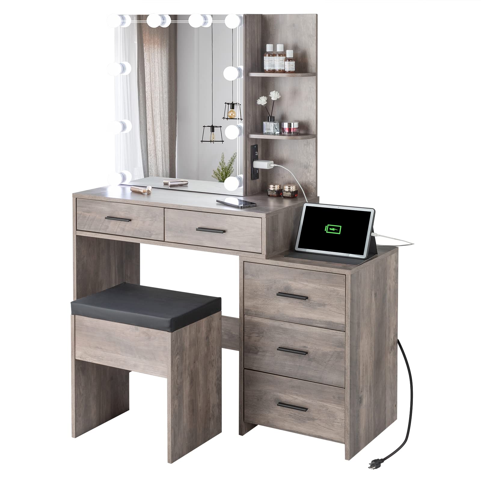 VINGLI Vanity Desk with Sliding Mirror & Lights & Charging Station & Drawers & Shelves, Farmhouse Modern Makeup Vanity Set with Stool for Bedroom