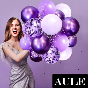 AULE Metallic Purple and Premium Latex Lavender Lilac Balloons 60 Pack 12inches and Purple Confetti Balloons with Purple Ribbons Set for Birthday Bridal Shower Wedding Party Decorations