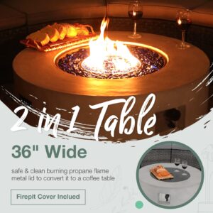 SUNSITT 8 Piece Patio Furniture Set with Propane Fire Pit Half-Moon Curved Patio Set Outdoor Sectional Sofa with 36in Grey Gas Fire Table & Tank Cover, Grey Rattan