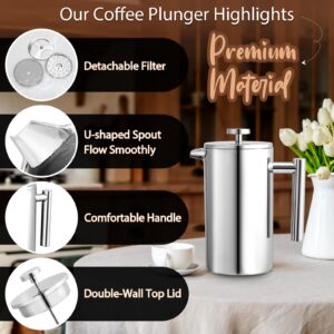 34oz French Press Coffee Maker, 1000ml Stainless Steel Double Insulated Cafetiere 8 Cup Espresso Coffee Press, Portable Coffee Plunger Pot for Home, Office, Camping