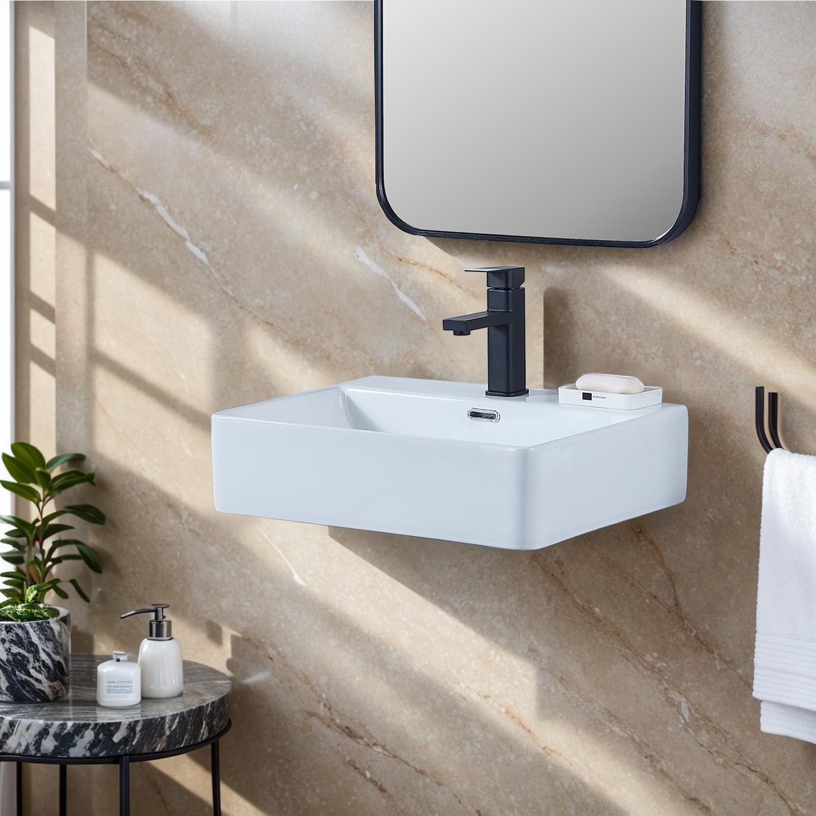 VAPSINT 20"X 17" Wall Mounted Bathroom Vessel Sink,Rectangle White Porcelain Ceramic Vessel Sink Modern One Hole Floating Lavatory Vanity Small Bathroom Sink