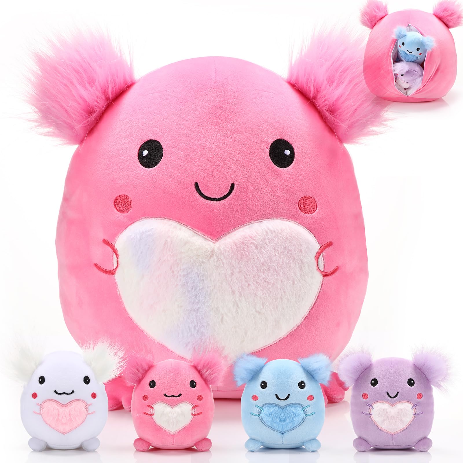 Hiboom 5 Pcs Axolotl Plush Stuffed Animal 12 Inch Large Axolotl Plush Pillow with 4 Baby Axolotl in Her Tummy Soft Cotton Plush Animal Pillow for Boys Girls Valentine's Graduation Birthday Party Decor