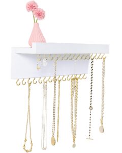 ccinppy necklace holder wall, jewelry holder organizer wall with 30 jewelry hooks and shelf, wooden hanging necklace hanger organizer wall mount for necklaces bracelets, and chains white