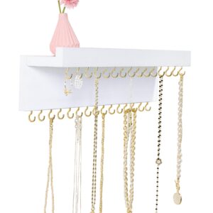 CCINPPY Necklace Holder Wall, Jewelry Holder Organizer Wall with 30 Jewelry Hooks and Shelf, Wooden Hanging Necklace Hanger Organizer Wall Mount for Necklaces Bracelets, and Chains White