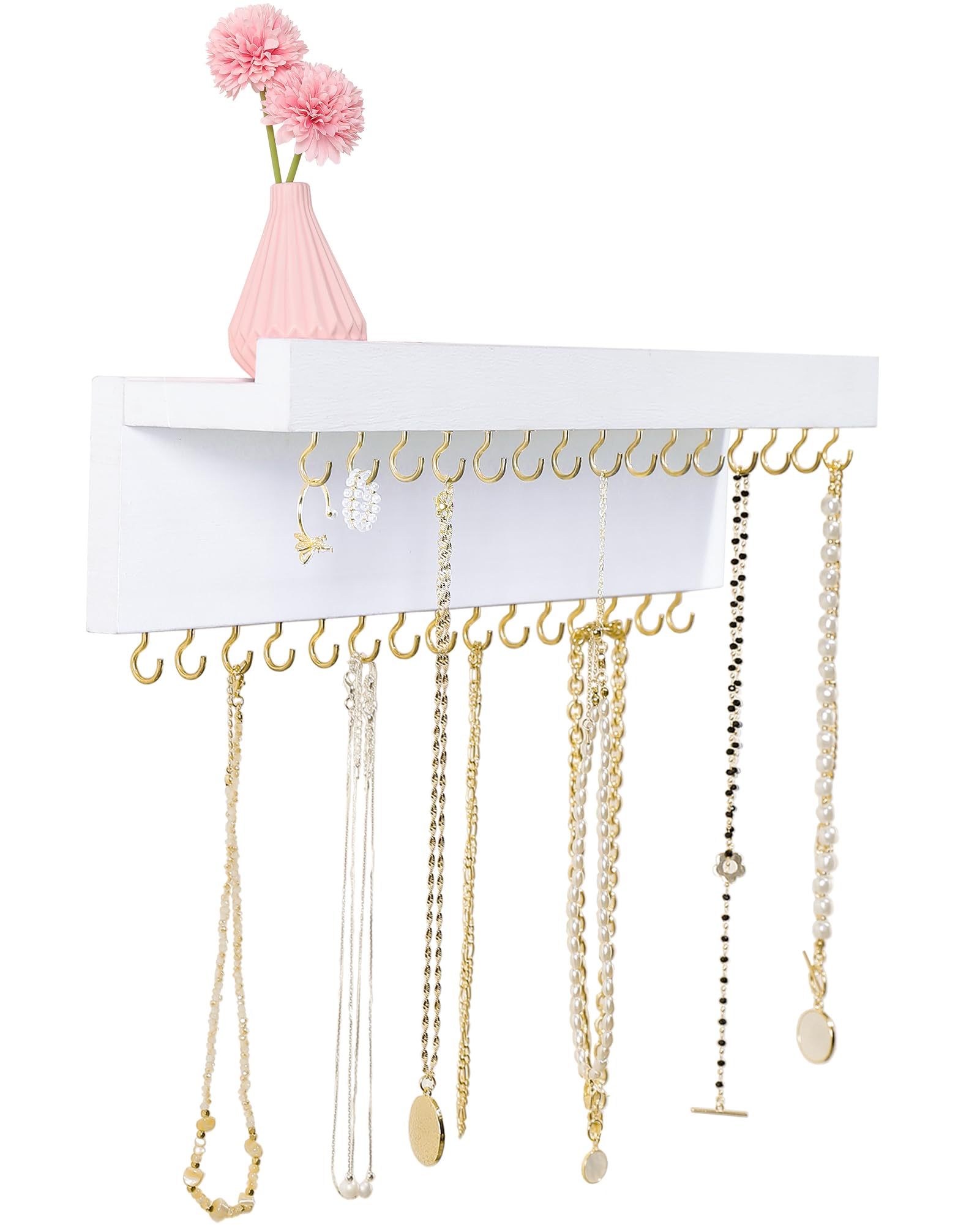 CCINPPY Necklace Holder Wall, Jewelry Holder Organizer Wall with 30 Jewelry Hooks and Shelf, Wooden Hanging Necklace Hanger Organizer Wall Mount for Necklaces Bracelets, and Chains White