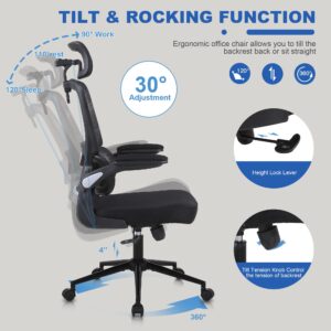 Ergonomic Office Desk Chair - Breathable Mesh High Back Computer Chair with Flip-Up Armrests, Comfortable Lumbar Support Executive Swivel Chair, Home Office Ergonomic Desk Chair (Black)