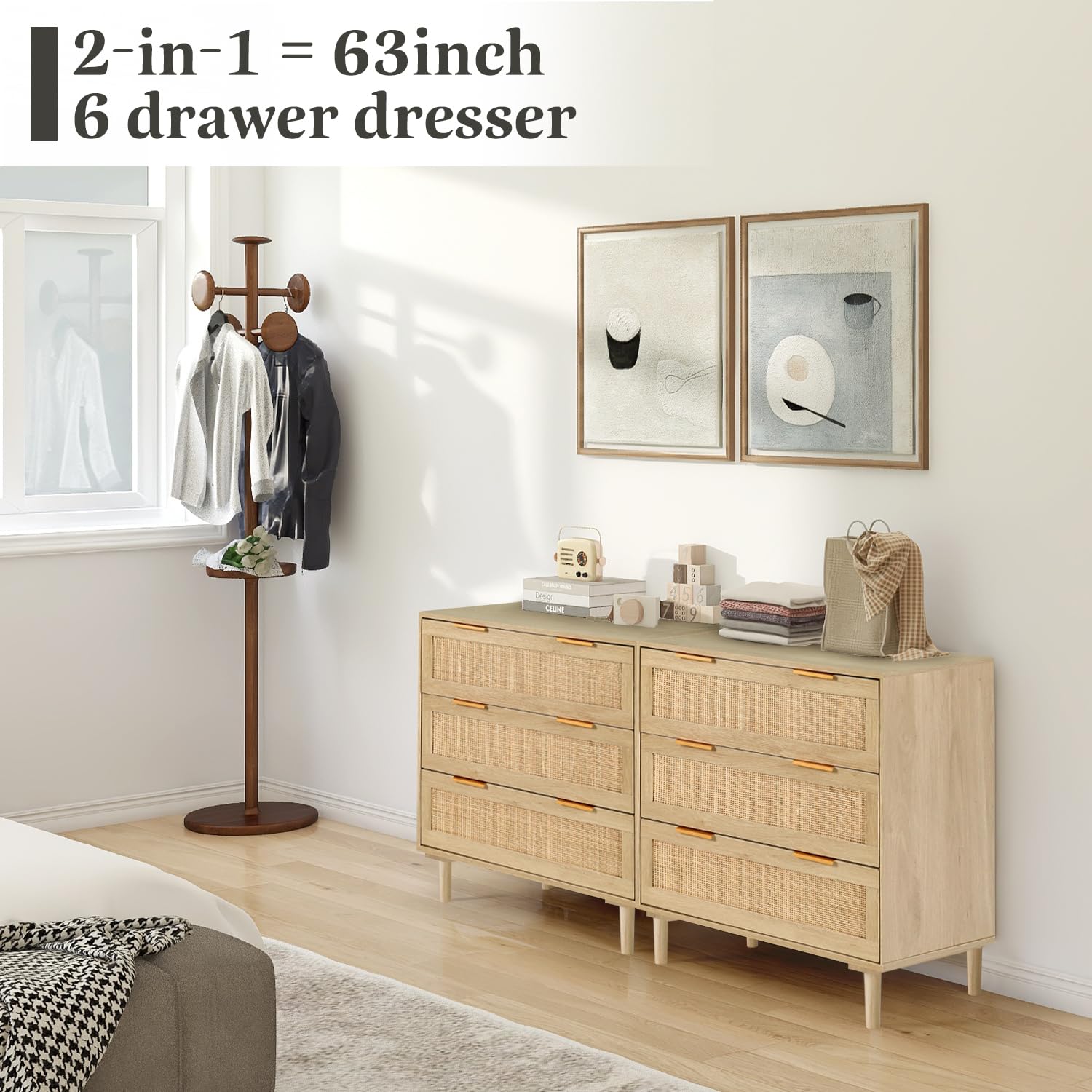 HOPUBUY 3 Drawer Dresser for Bedroom, Oak Rattan Dresser Closet Dressers Chest of Drawers, Light Wood Dresser 3 Drawer Storage Chest for Bedroom, Hallway, Living Room