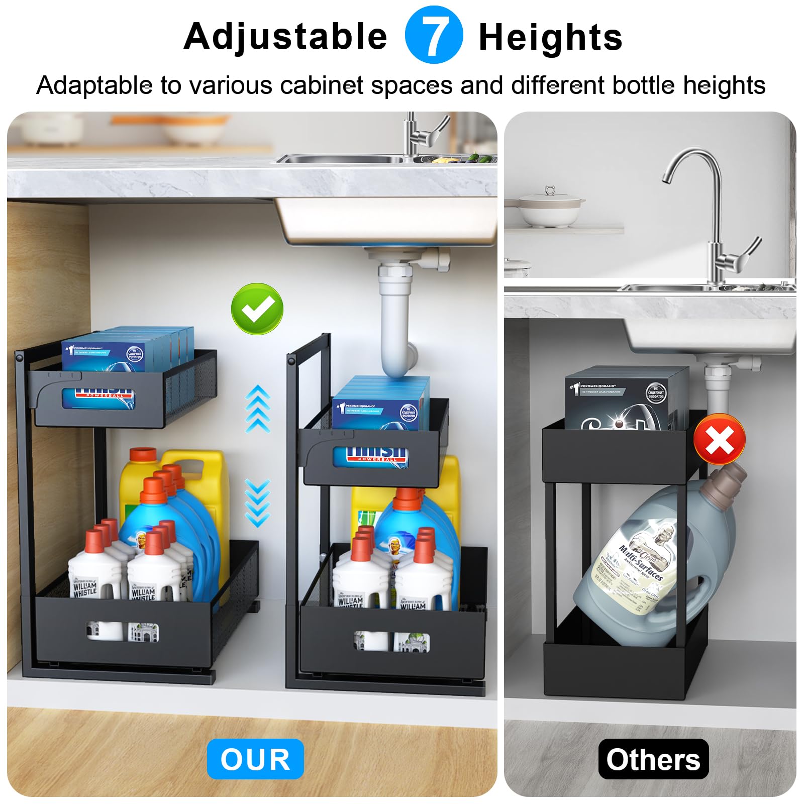 Petiza Under Sink Organizer Pull Out Cabinet Organizer Adjustable Height 2 Tier with Sliding Drawers Kitchen Bathroom Organizer and Storage(1pc)