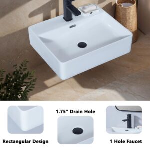 VAPSINT 20"X 17" Wall Mounted Bathroom Vessel Sink,Rectangle White Porcelain Ceramic Vessel Sink Modern One Hole Floating Lavatory Vanity Small Bathroom Sink