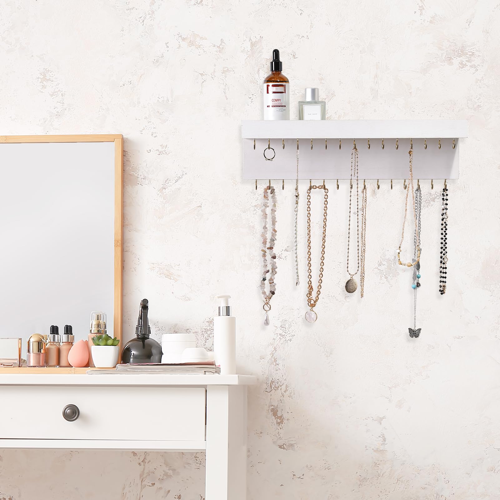 CCINPPY Necklace Holder Wall, Jewelry Holder Organizer Wall with 30 Jewelry Hooks and Shelf, Wooden Hanging Necklace Hanger Organizer Wall Mount for Necklaces Bracelets, and Chains White