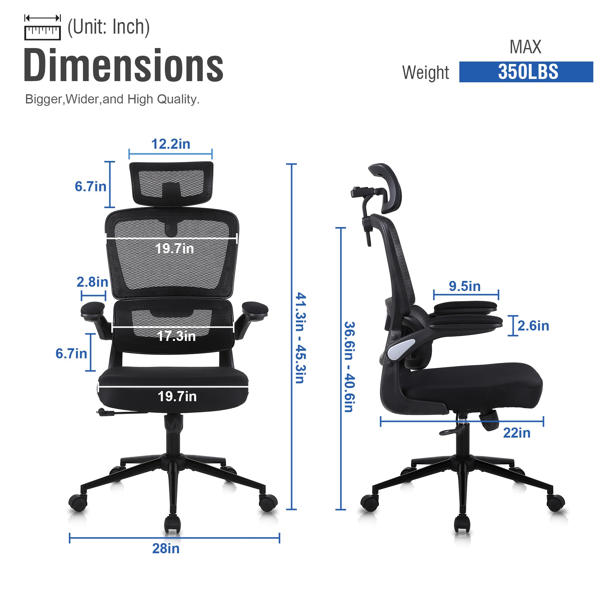 Ergonomic Office Desk Chair - Breathable Mesh High Back Computer Chair with Flip-Up Armrests, Comfortable Lumbar Support Executive Swivel Chair, Home Office Ergonomic Desk Chair (Black)