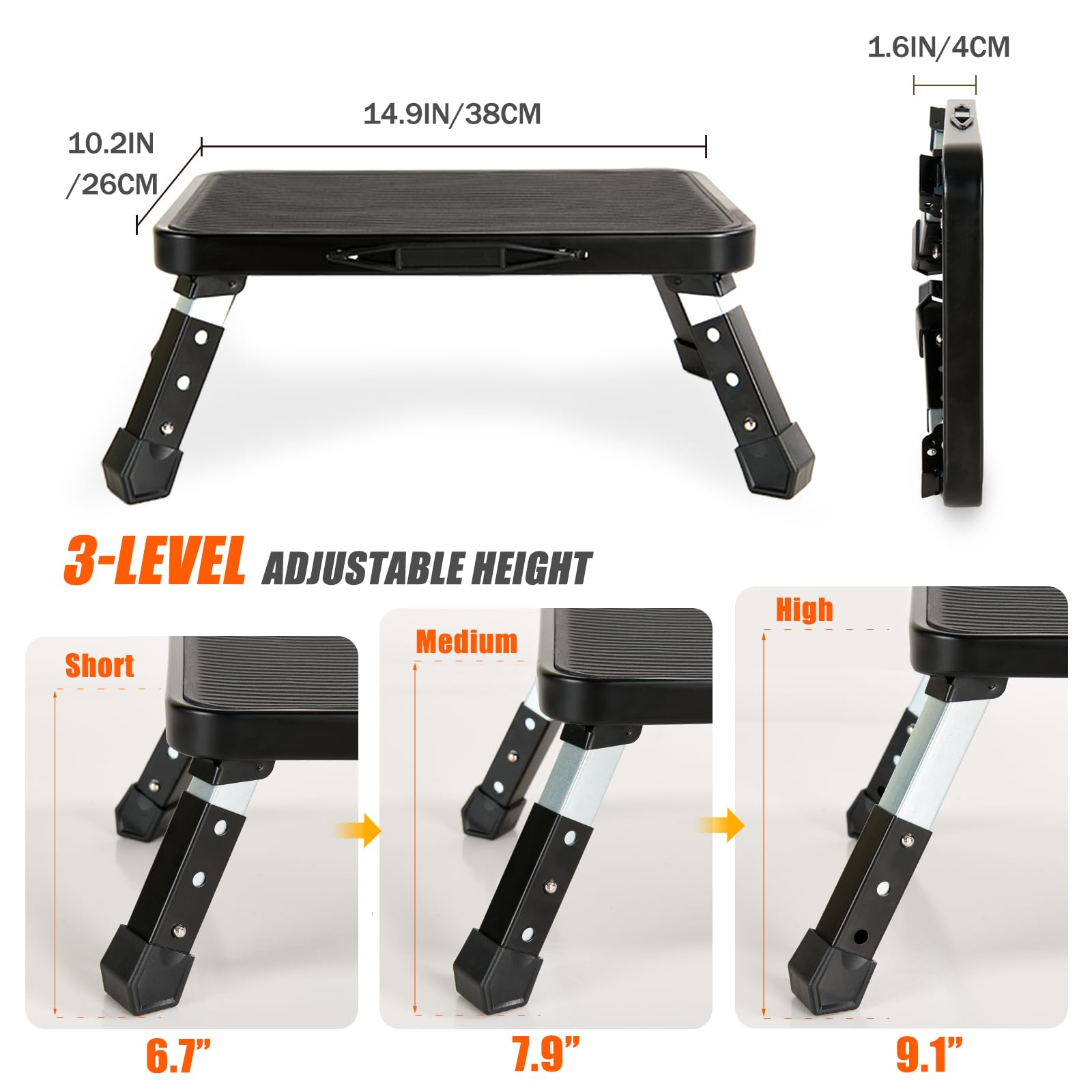 Folding Step Stool, Height Adjustable 1- Step 330lbs, Sturdy Portable Step Platform with Non-Slip Feet & Handle Step Ladder for Adults, Home, Kitchen, Office, Car (Black