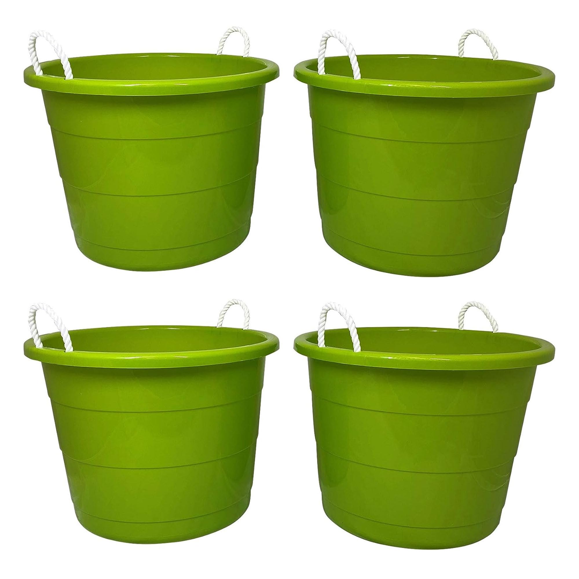 HOMZ 17-Gallon Indoor Outdoor Storage Bucket w/Rope Handles for Sports Equipment, Party Cooler, Gardening, Toys and Laundry, Bold Lime Green (4 Pack)