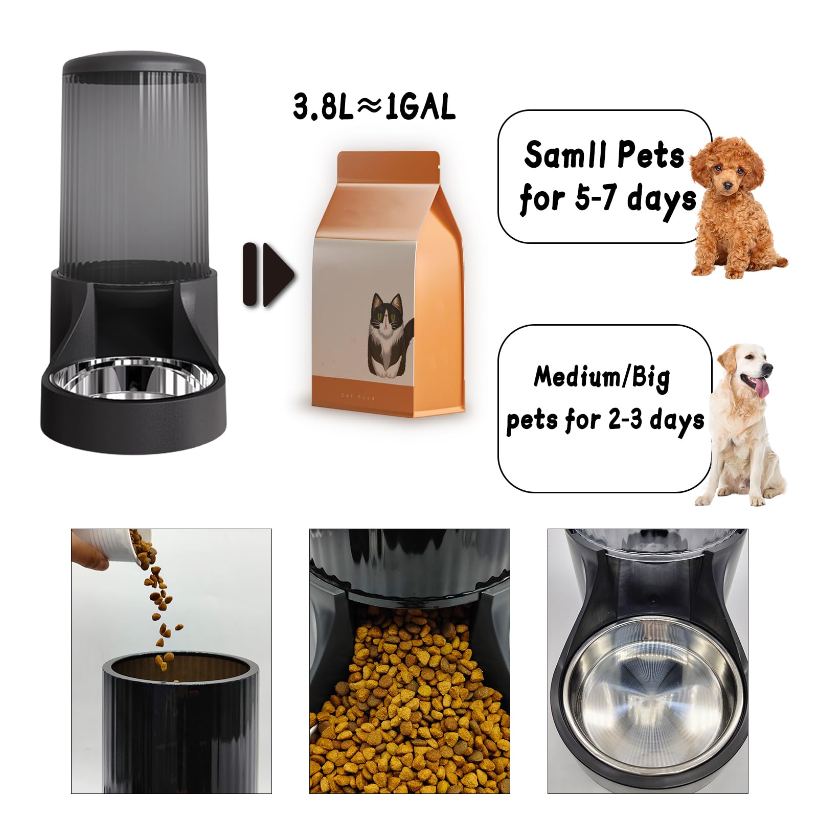 Hamiledyi Automatic Dogs Feeder and Water Dispenser Cats Gravity Food Feeder and Waterer Set with Food Bowl for Pets Puppy Kitten Rabbit(3.8L×2, Black)