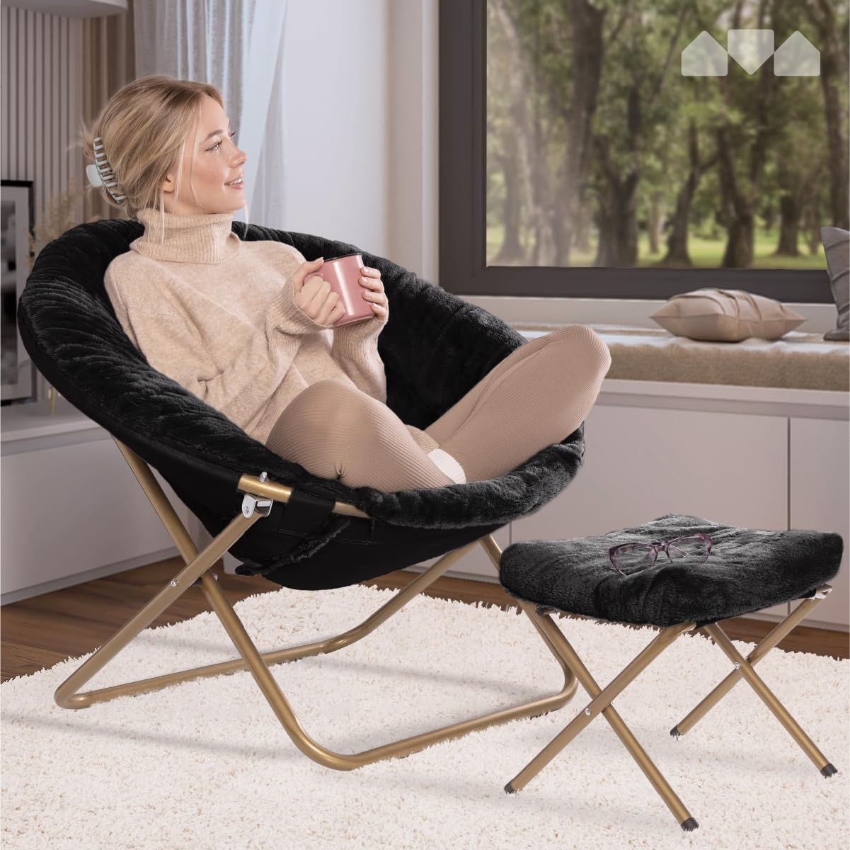 Milliard Cozy Chair with Footrest Ottoman/Faux Fur Saucer Chair for Bedroom/X-Large (Black)