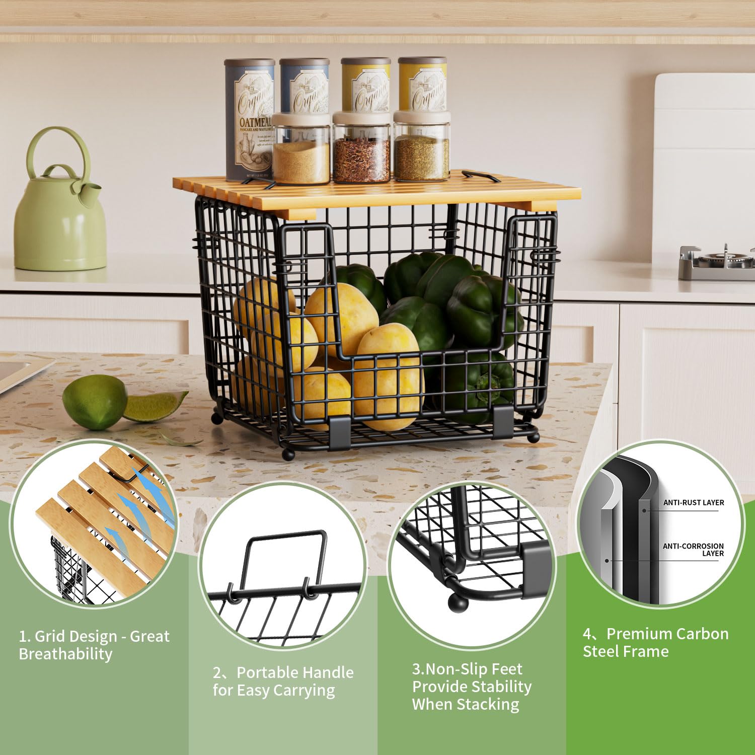 Wire Storage Basket For Kitchen Pantry: GGIU Kitchen Counter Basket Stackable Wire Organizing Bin For Produce Vegetable - Countertop Potato Onion Veggie Basket Black