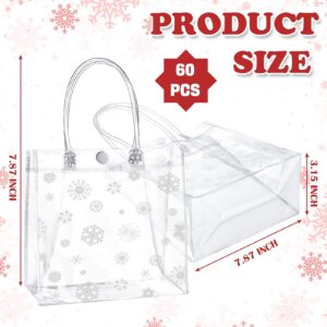 Gueevin 60 Pcs Christmas Clear Gift Bags with Handles Bulk Plastic Candy Treat Bags Snowflake Party Gift Bags PVC Wine Gift Tote Bags for Wedding Birthday Party Favor(7.87 x 7.87 x 3.15 Inch)