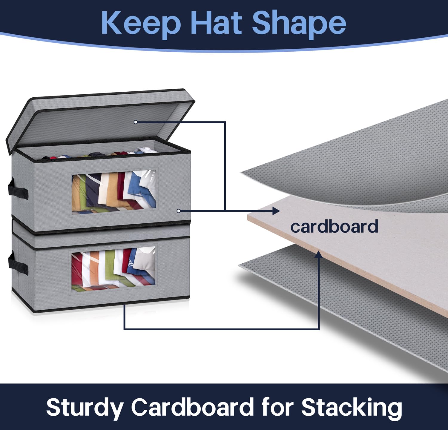 SLEEPING LAMB Stackable Hat Organzier for Baseball Caps, 2 PCS Hat Storage Boxes for Closet Hold 30 Caps with Cardboard, Grey