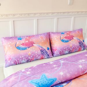 ZRNBAST Twin Size Mermaid Tail Comforter Set for Girls 3 Pcs Purple Orange Blue Bedding Set for Kids Soft Lightweight Gradient Glitter Bed Set for All Season(Twin, Orange)