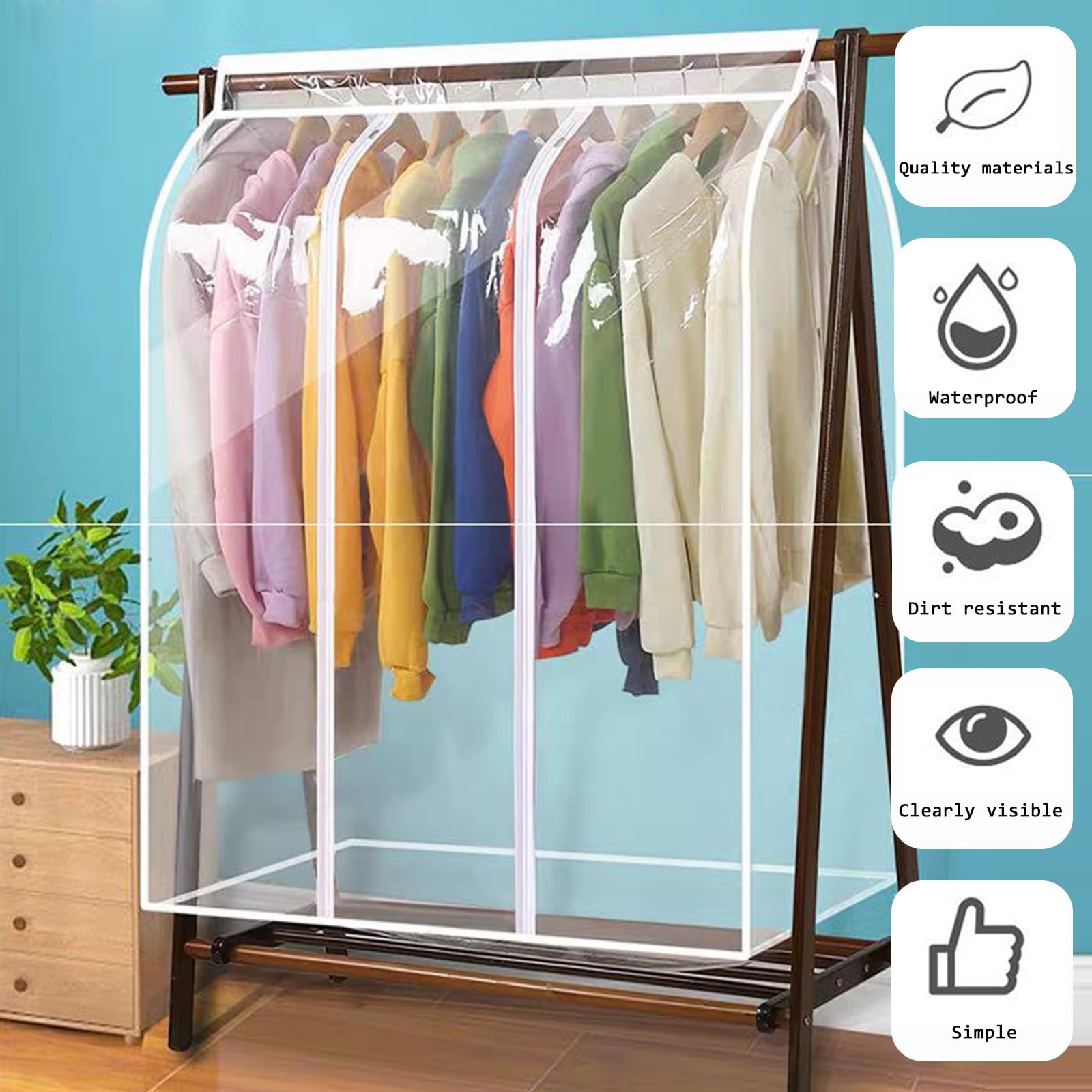 AECEVAN Garment Bags for Hanging Clothes, Large Clear Clothes Rack Cover Garment Rack Cover Waterproof Storage Bag Clothes Cover for Hanging with Zipper for Shirts, Coats, Jackets, Long Dress