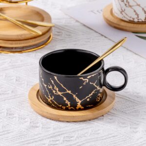 Jusalpha Golden Hand Print Teacup Coffee Cup with Bamboo Saucer Set FDTCS19 (4, Black)