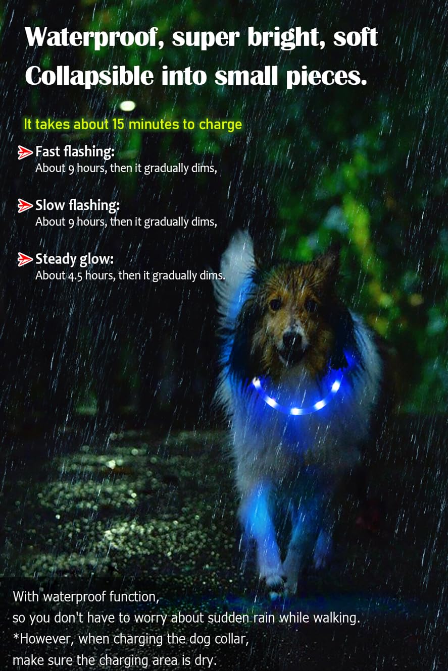 Waterproof LED Dog Collar USB Rechargeable Light Up Dog Collars Lights for Night Walking Lighted Safety Training & Behavior Aids for Small Medium to Large Dogs