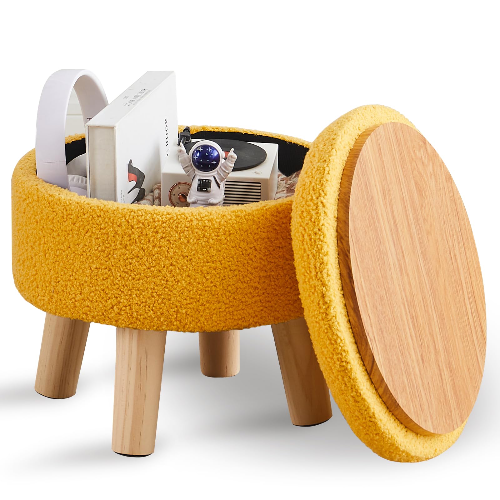 Wimarsbon Storage Ottoman, Modern Round Footrest with Soft Padded Seat, Teddy Velvet Footstool with Wood Legs, Accent Small Table or Plant Stand for Hallway, Living Room (Brilliant Yellow)