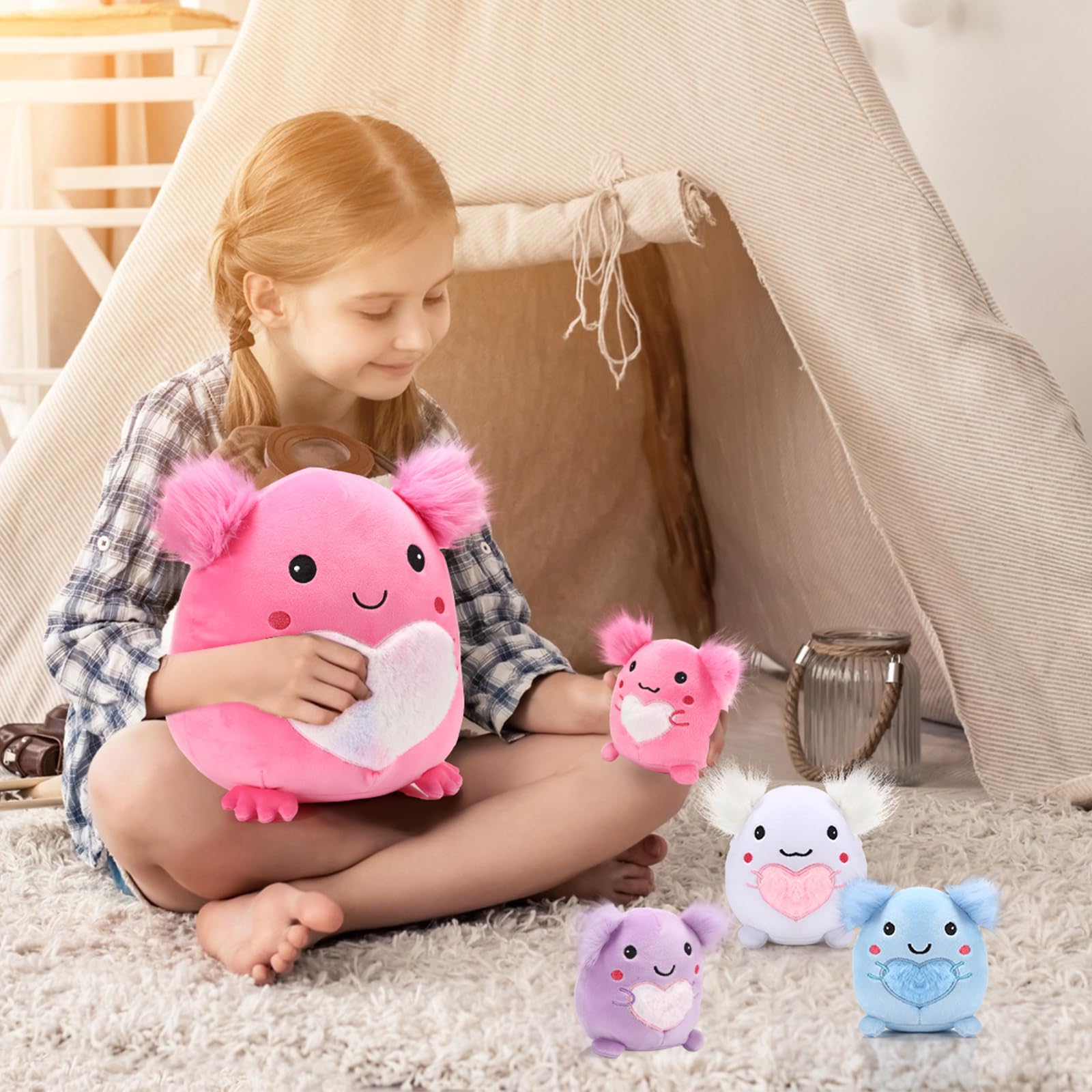 Hiboom 5 Pcs Axolotl Plush Stuffed Animal 12 Inch Large Axolotl Plush Pillow with 4 Baby Axolotl in Her Tummy Soft Cotton Plush Animal Pillow for Boys Girls Valentine's Graduation Birthday Party Decor