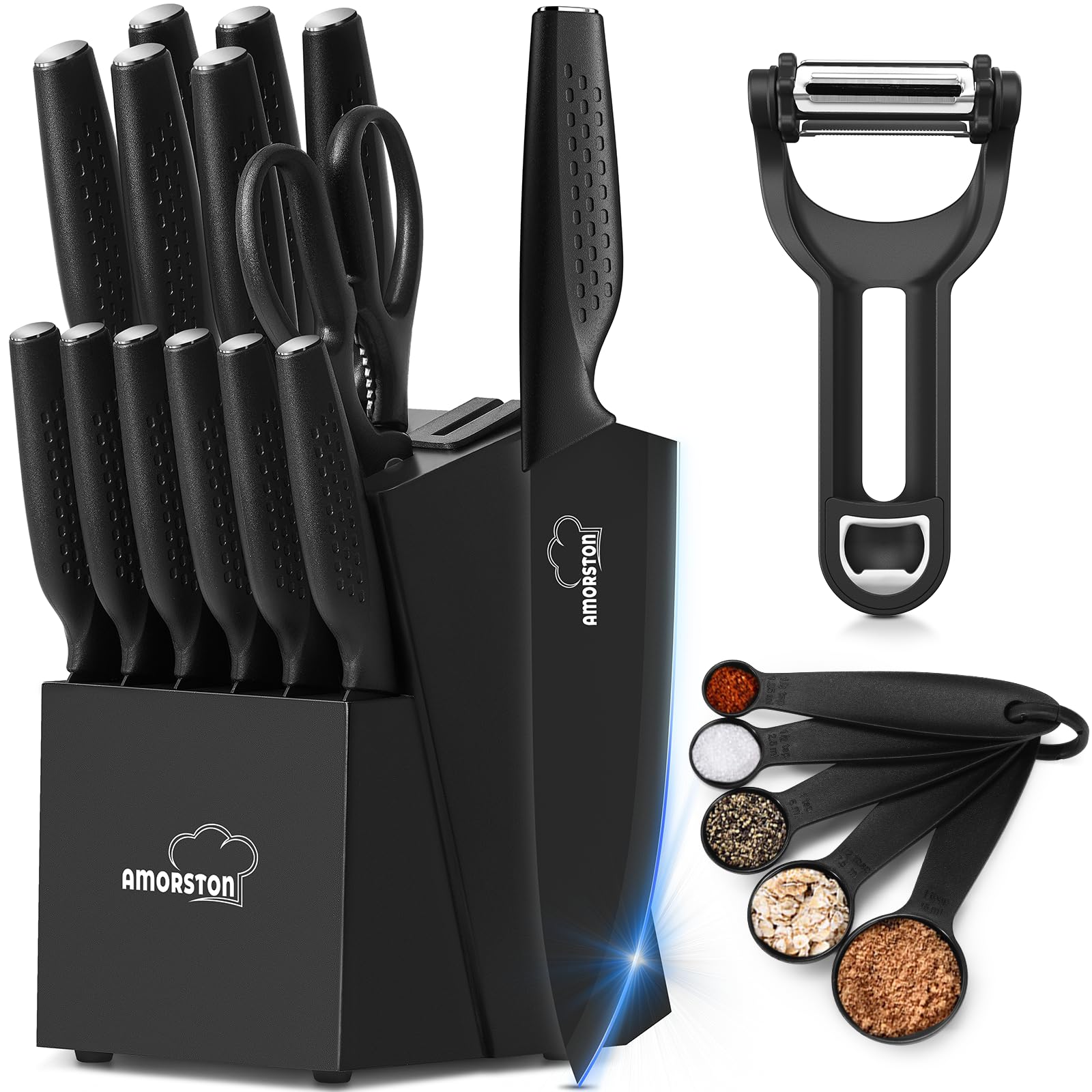 Knife Set, 21 Pieces Kitchen Knife Set with Built in Knife Sharpener Block, Dishwasher Safe, German Stainless Steel Knife Block Set, Steak Knife Sets, Elegant Black