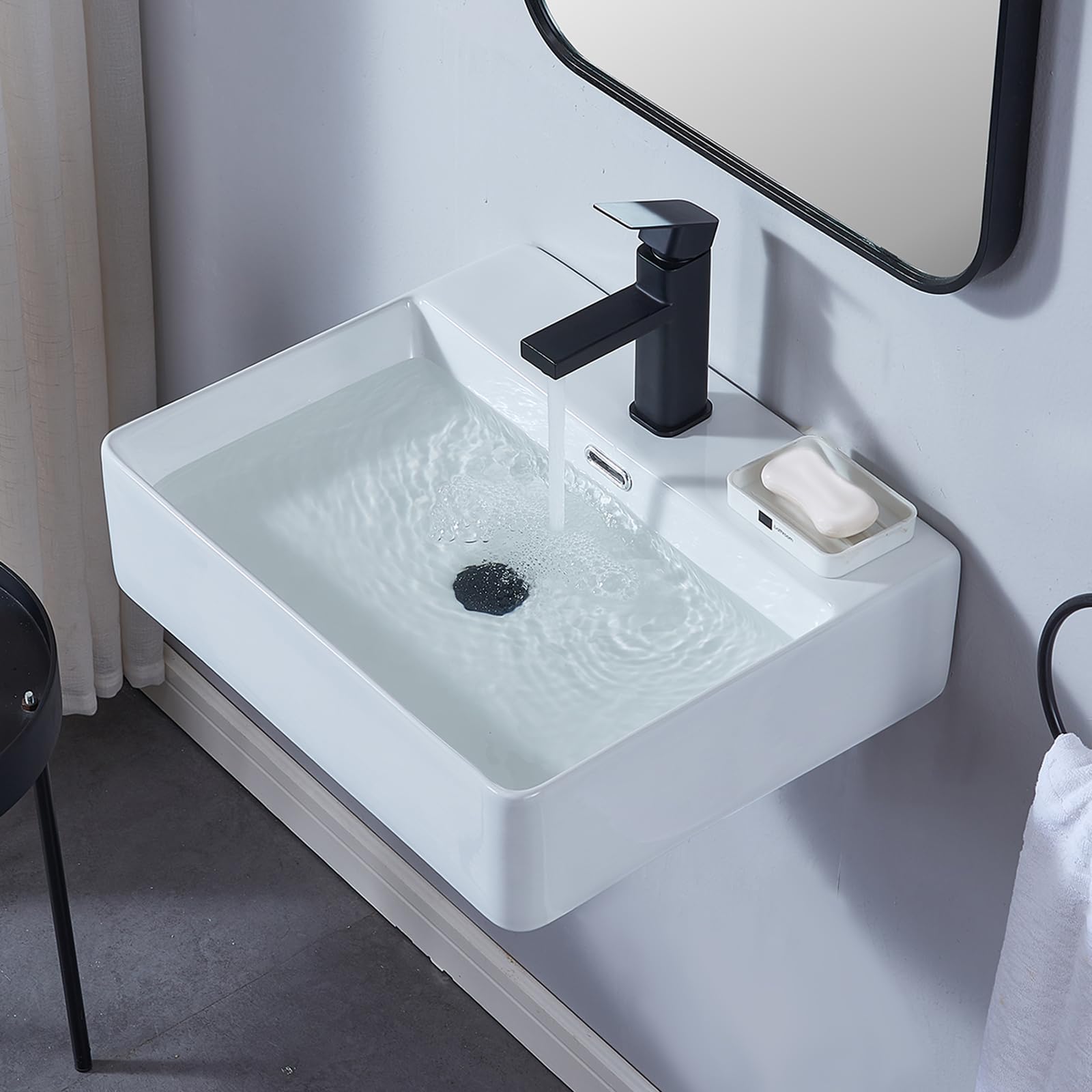 VAPSINT 20"X 17" Wall Mounted Bathroom Vessel Sink,Rectangle White Porcelain Ceramic Vessel Sink Modern One Hole Floating Lavatory Vanity Small Bathroom Sink