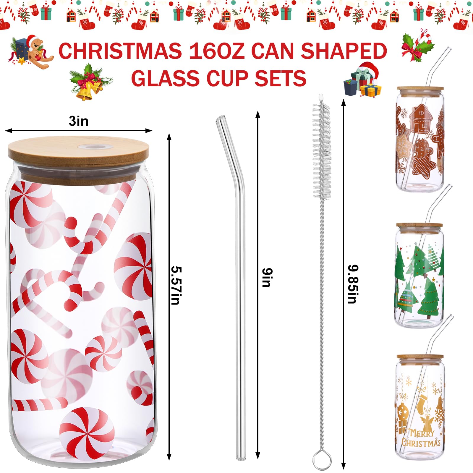 4Pcs Christmas Glass Cups, 16oz Christmas Mason Jars with Lid and Straw Christmas Tumbler Drinking Glasses Coffee Cups Jar Decor Glassware Water Bottles Xmas Home Decorations Gift for Kids Women Men