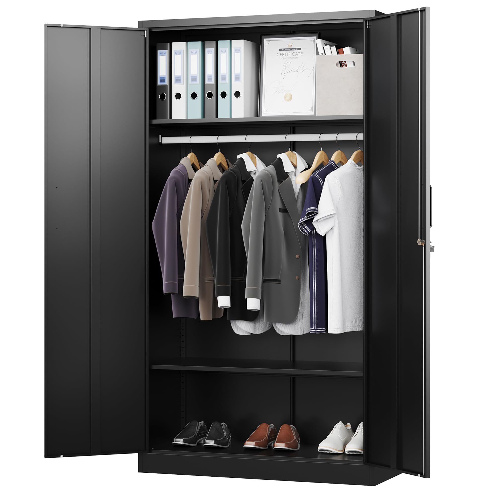 Letaya Metal Wardrobe Cabinets with Lock,Clothing Locker 72" X 36" X 18" Storage Cabinets for Home Room,Fire Department, School, Employee,Gym,Government (Black)