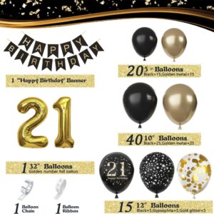 21st Birthday Decorations for Man Her , Black and Gold 21st Birthday Balloons Set Party Decorations with 21st Happy Birthday Banner，Black and Gold for Boys Girls 21 Birthday Party Supplies