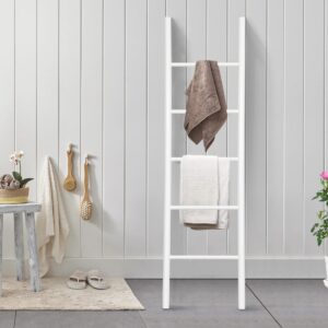 DWVO 4.8Ft Poly Lumber Wall Leaning Blanket Ladders Quilt Towel Display Rack Shelf Holder, HIPS Water Resistant Rack Rustic Farmhouse (White)