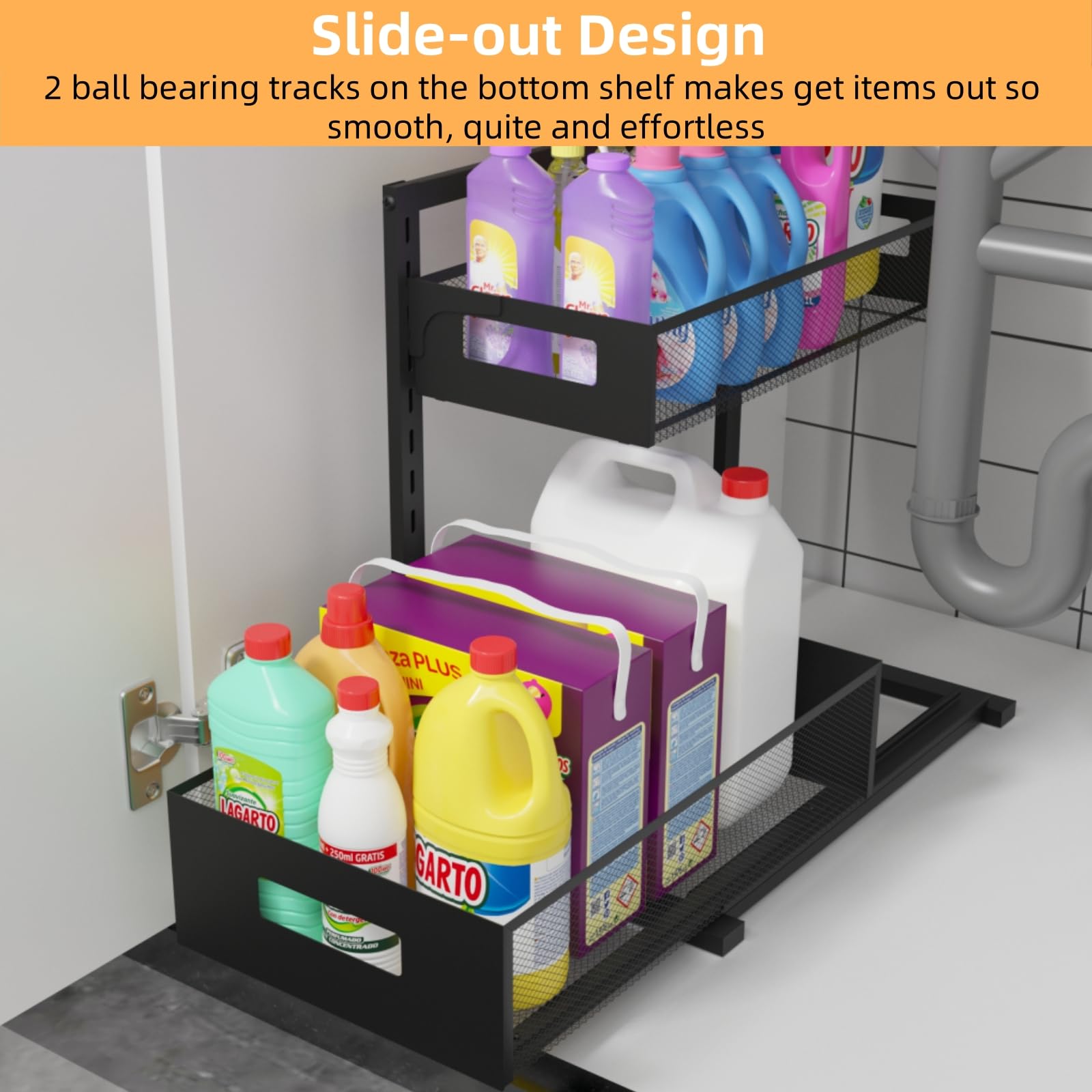 TISTAYA 2-Tier Metal Under Sink Organizer, Pull Out Smoothly Under Kitchen Sink Organizer with Track, Large Capacity Heavy Load Under Sink Storage for Kitchen and Bathroom