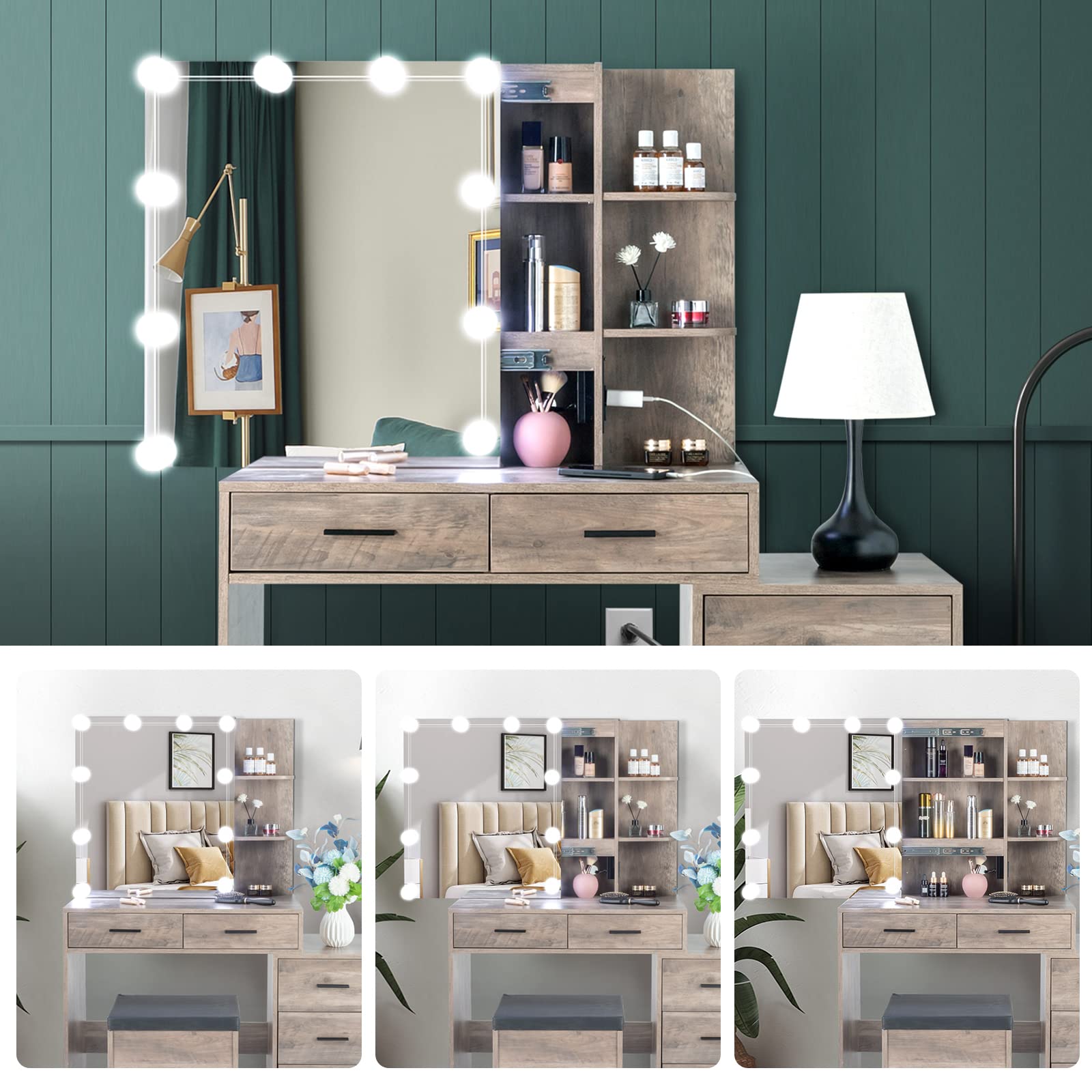 VINGLI Vanity Desk with Sliding Mirror & Lights & Charging Station & Drawers & Shelves, Farmhouse Modern Makeup Vanity Set with Stool for Bedroom