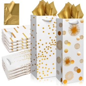 carnation wine bags, 12pack wine gift bag with tissue, gold foil wine gift bags for wine bottles gifts, for birthday, baby shower, wedding, christmas, engagement, thanksgiving, (14inch, gold)