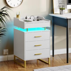 hauoms white nightstand with charging station and led lights,luxury night stand with pull-out tray,bedside table with drawers,modern end table side table storage cabniet