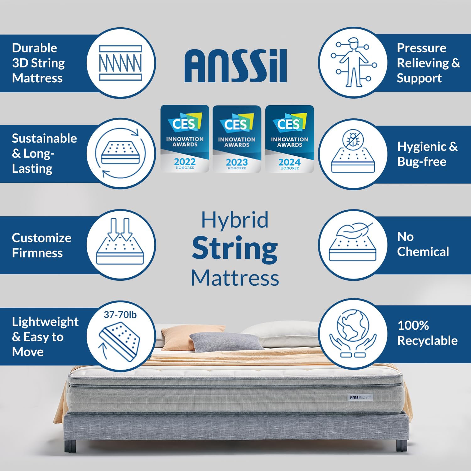 ANSSIL String Mattress Queen Size - Extra Firm Mattress with No Spring and 3D String Technology - Included Controller for Customizable Firmness - Hygienic and Lasting, No Chemical, 11” Bed Height