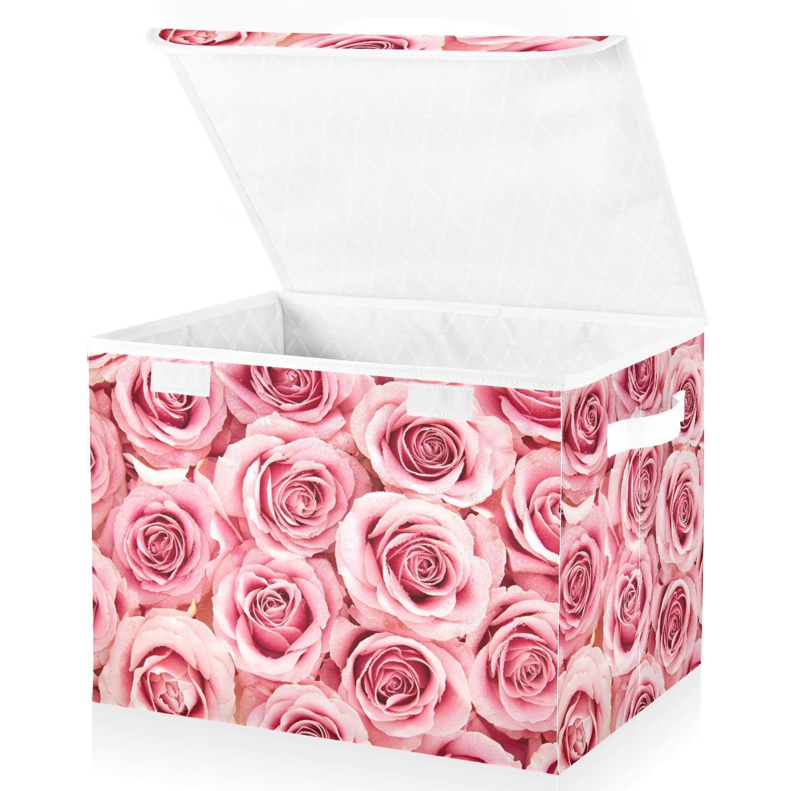 MFTJYO Storage Bin with Lid Pink Rose Flower Foldable Storage Box Washable Fabric Storage Cubes Bin Organizer Basket Closet for Home Bedroom Closet Nursery Office