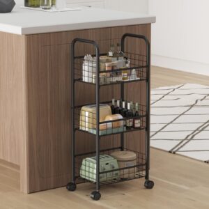 3-Tier FreeStanding Open Shelf with Wheels, Storage Rolling Cart Bathroom Organizer Shelves Unit, Metal Steel Storage Tower Organizer Rack Basket Cart for Bathroom, Living Room, Balcony, Kitchen