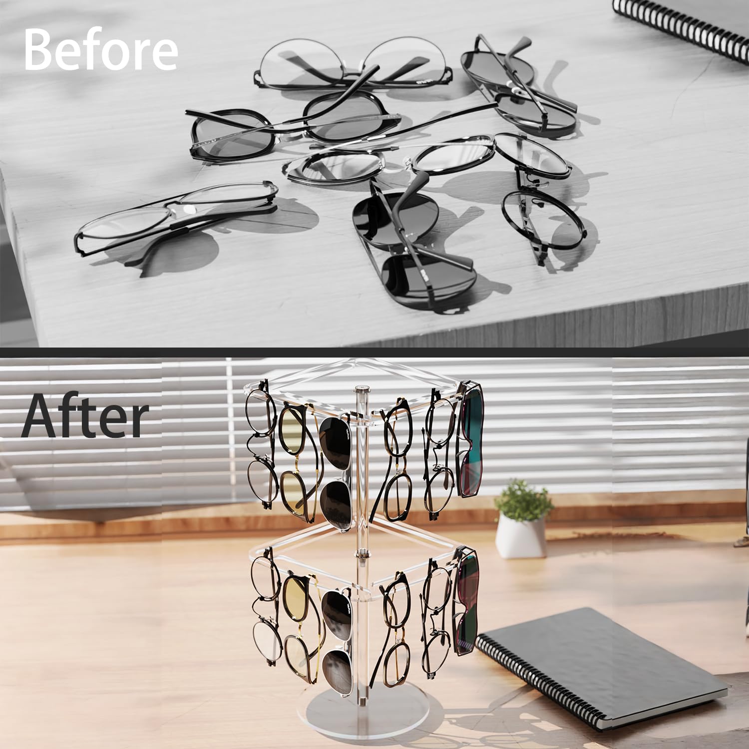 LoengMax 360° Rotating Acrylic Sunglasses & Eyeglasses Display Rack - Double-Tier Clear Tabletop Organizer for Eyewear