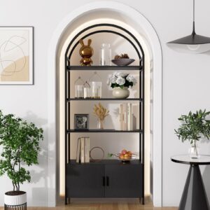 jehiatek arched bookshelf, bookcase with doors storage, 71 inches tall industrial book shelf with sturdy metal frame, e1 quality boards, freestanding display shelving unit, black