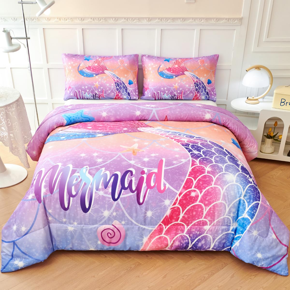 ZRNBAST Twin Size Mermaid Tail Comforter Set for Girls 3 Pcs Purple Orange Blue Bedding Set for Kids Soft Lightweight Gradient Glitter Bed Set for All Season(Twin, Orange)