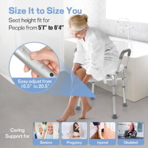 Adjustable Shower Chair with Arms and Back, Heavy Duty Shower Chair for Inside Shower with Double Crossbars, Safety Bars & Rust-Proof Shower Benches for Elderly and Disabled, Anti-Slip Mat Include