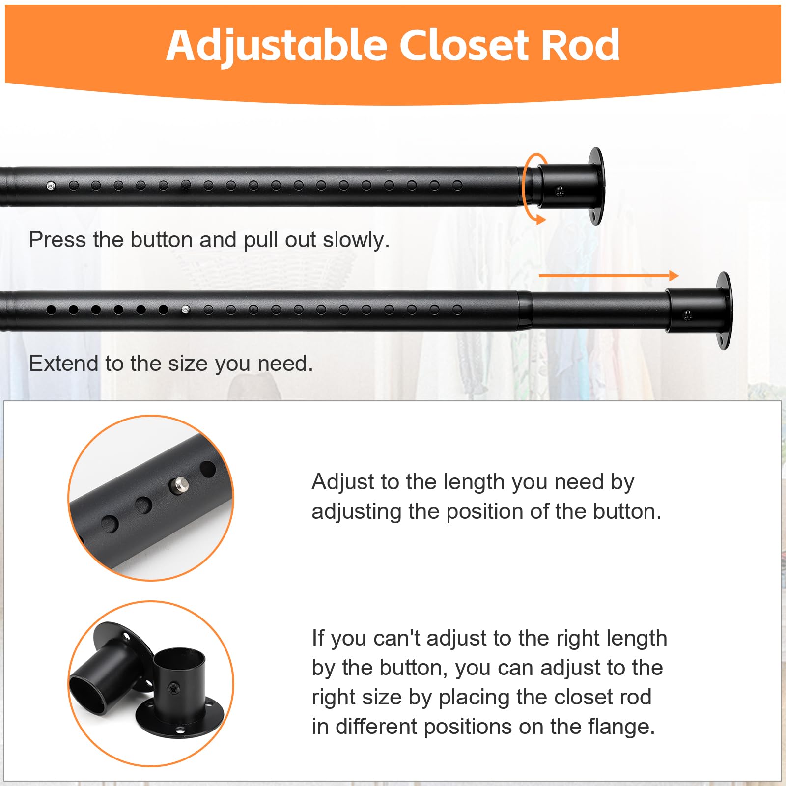 Closet Rods for Hanging Clothes, Heavy Duty Closet Rod 17-96 Inch Adjustable Clothes Hanging Bar Metal Shower Curtain Rods for Closet, Wardrobes, Bathroom, Windows