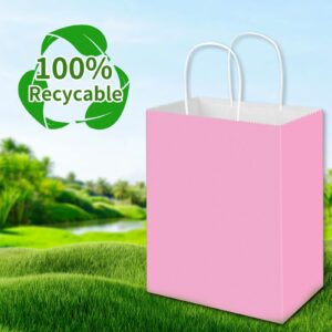 Toovip 50 Pack 8x4.75x10 Inch Medium Light Pink Kraft Paper Bags with Handles Bulk, Gift Bags for Birthday Party Favors Retail Grocery Shopping Business Goody Craft Merchandise Take Out Bags Sacks