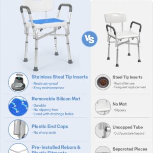 Adjustable Shower Chair with Arms and Back, Heavy Duty Shower Chair for Inside Shower with Double Crossbars, Safety Bars & Rust-Proof Shower Benches for Elderly and Disabled, Anti-Slip Mat Include