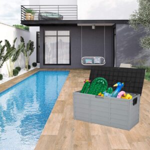 75 Gallon Waterproof Rein Deck Box Lockable Lid Outdoor Patio Garden Storage Container With Wheels for Tools Toys Cushions, Black Lid