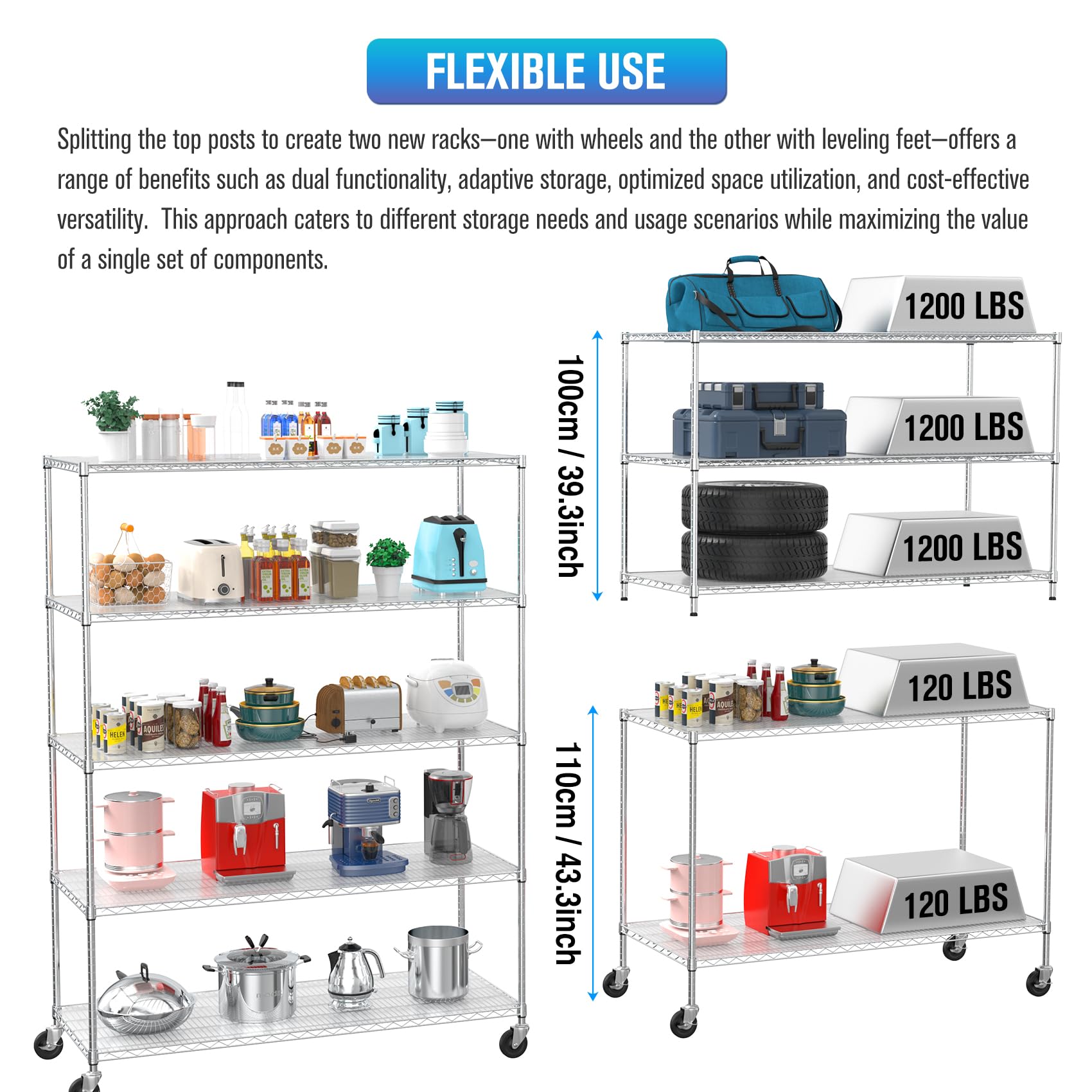 5 Tier NSF Wire Shelf Shelving Unit, 24 x 60 x 82 Inch 7500lbs Capacity Heavy Duty Adjustable Storage Metal Rack with Wheels/Leveling Feet & Shelf Liners, Ideal for Garage, Kitchen, and More - Chrome